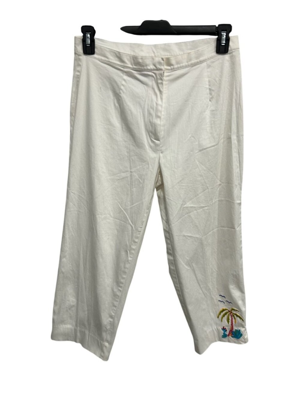 Leslie Fay White Tropical Embroidery Capri Pants Size 8 Boho Cottagecore